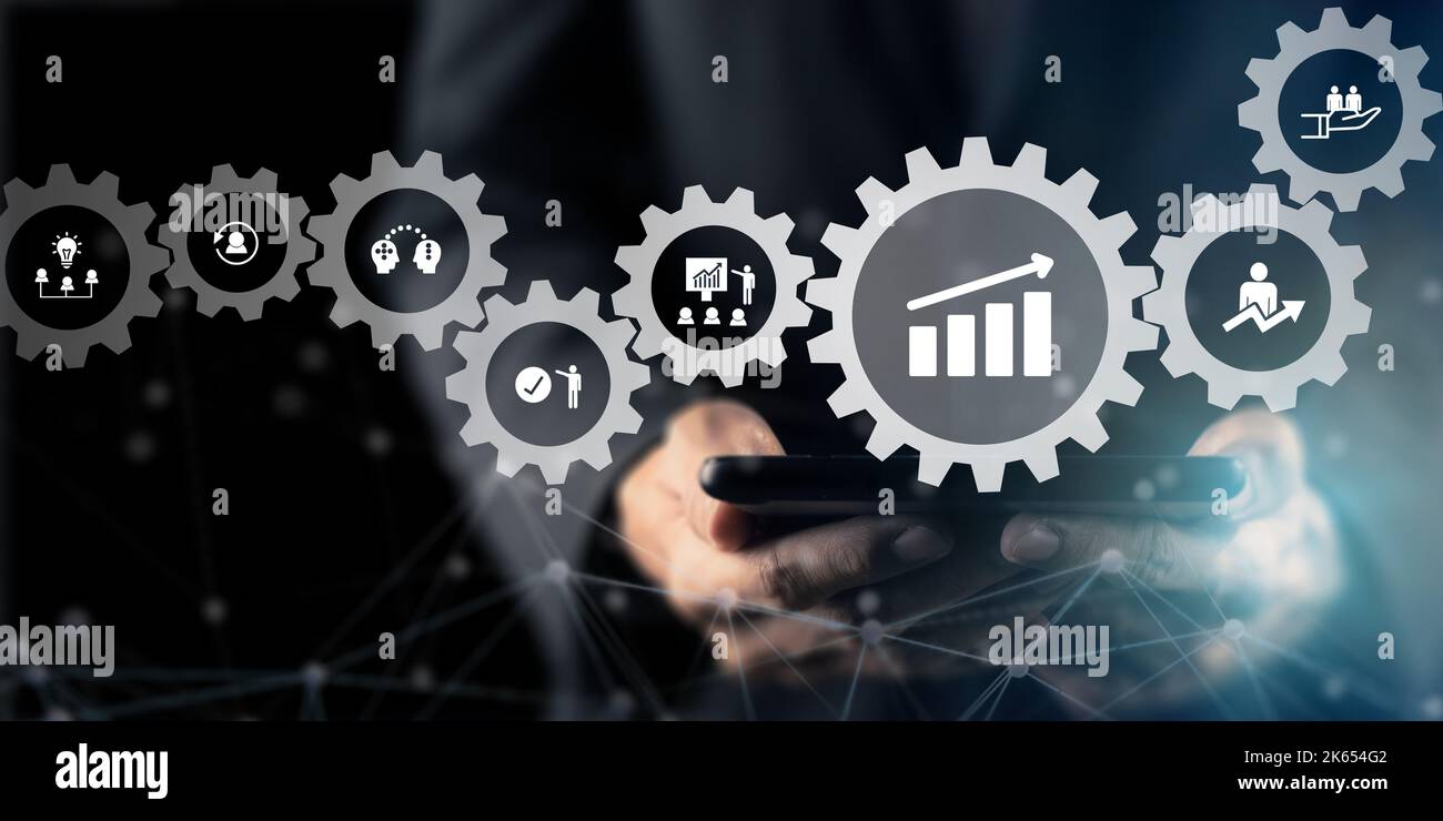 Business, concetto di sviluppo personale. Migliorare e sviluppare competenze e prestazioni. Miglioramento e sviluppo personale. Brainstorming, formazione, Foto Stock