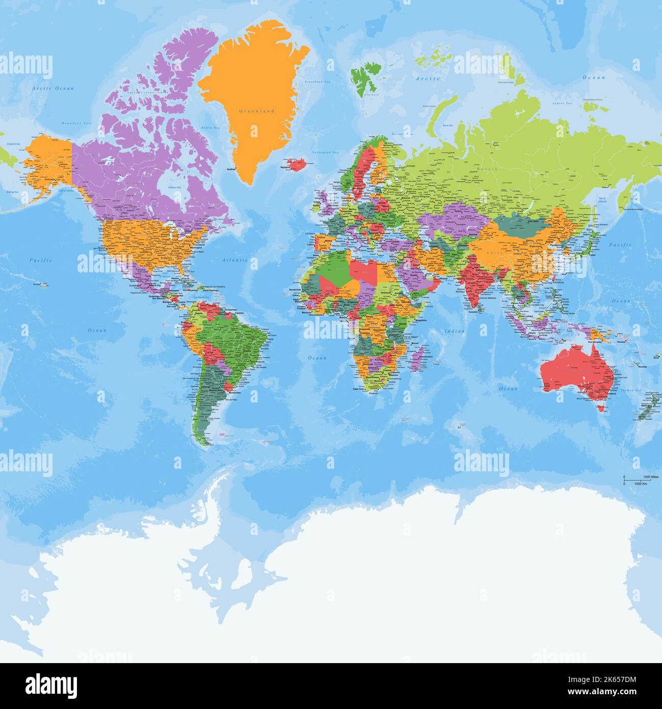 Mappa del mondo dettagliata politica proiezione di Mercatore Illustrazione Vettoriale