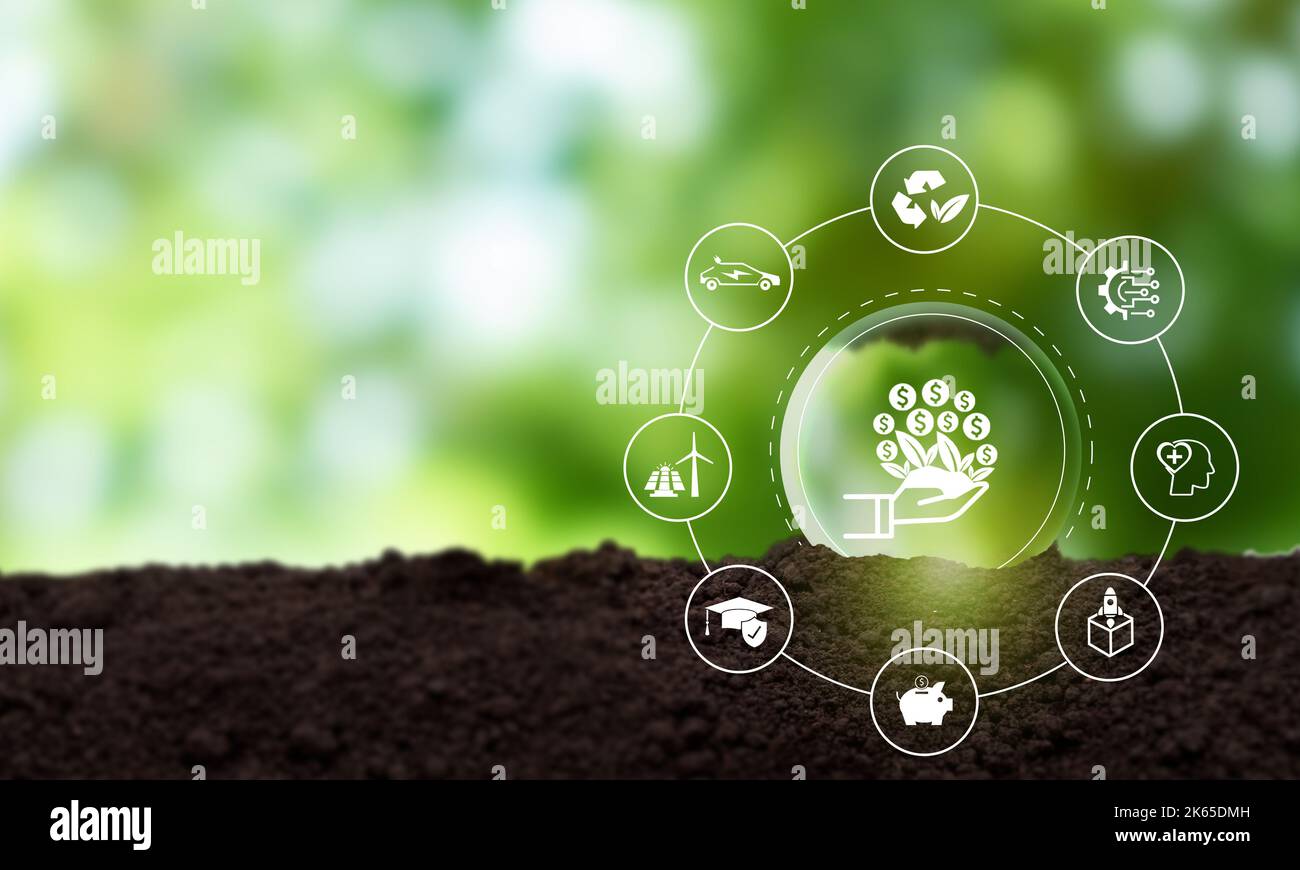 Concetto di investimento etico e sostenibile. Mirare ad avere un impatto positivo sul mondo e allo stesso tempo realizzare un profitto. Investimenti socialmente responsabili, ESG Foto Stock