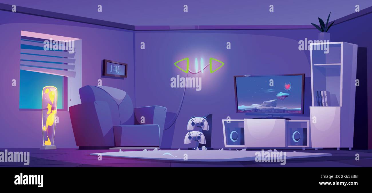 Interno della sala giochi, illustrazione vettoriale dei cartoni animati. Sala per l'intrattenimento notturno al computer con grande schermo TV, giochi con joystick, comoda poltrona, pausa al neon e segnali di gioco sulla parete Illustrazione Vettoriale