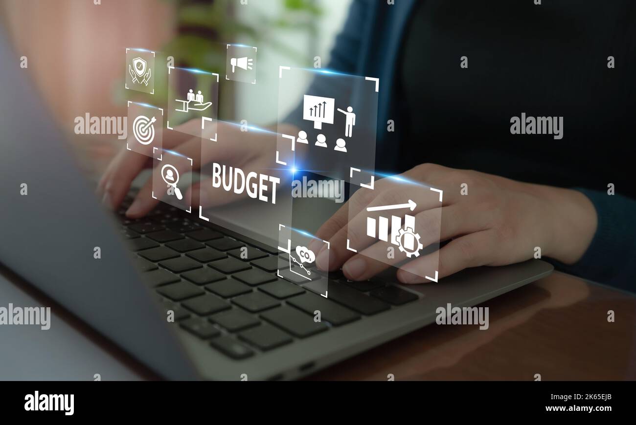 Pianificazione del budget e concetto di gestione. Allocazione del budget aziendale per la gestione di progetti o aziende. Budget efficaci e intelligenti. Pianificare, rivedere, app Foto Stock