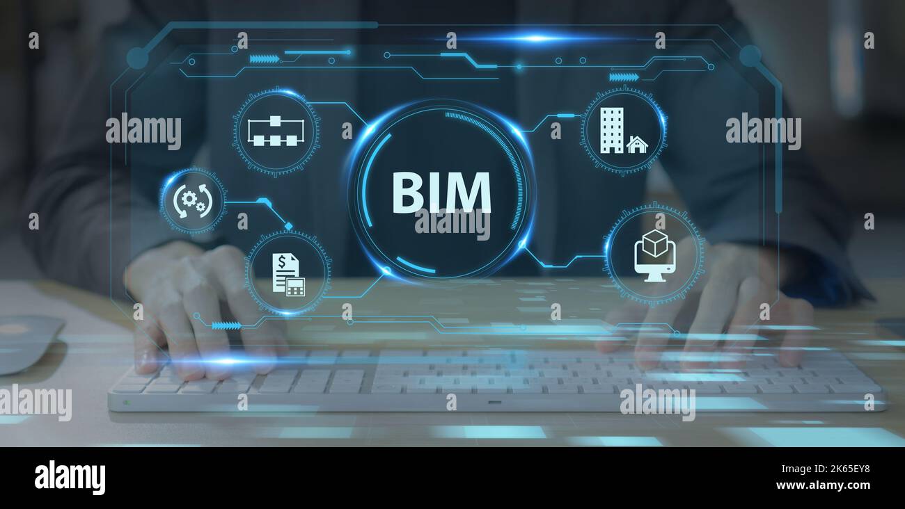 BIM Building Information Modeling. Costruzione industriale, dall'inizio alla fine. Lavoro e pianificazione per la creazione di modelli di costruzione, informazioni e. Foto Stock
