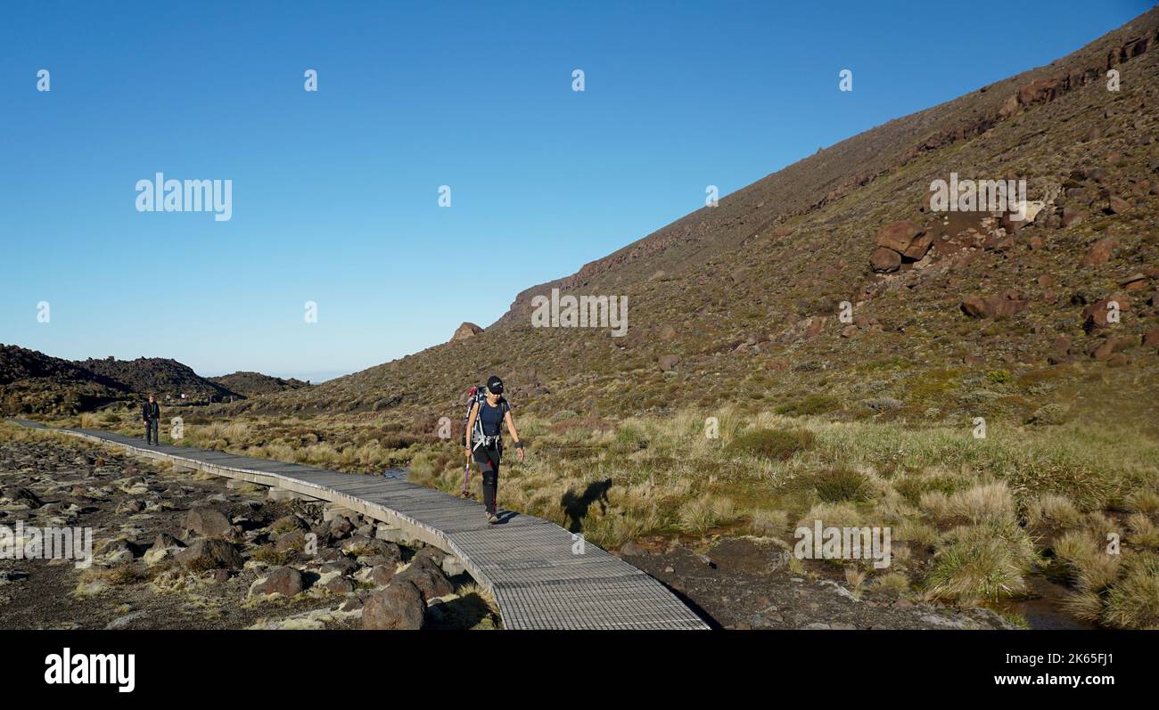 Donna bionda singola che cammina al Parco Nazionale di Tongariro in Nuova Zelanda. Foto Stock