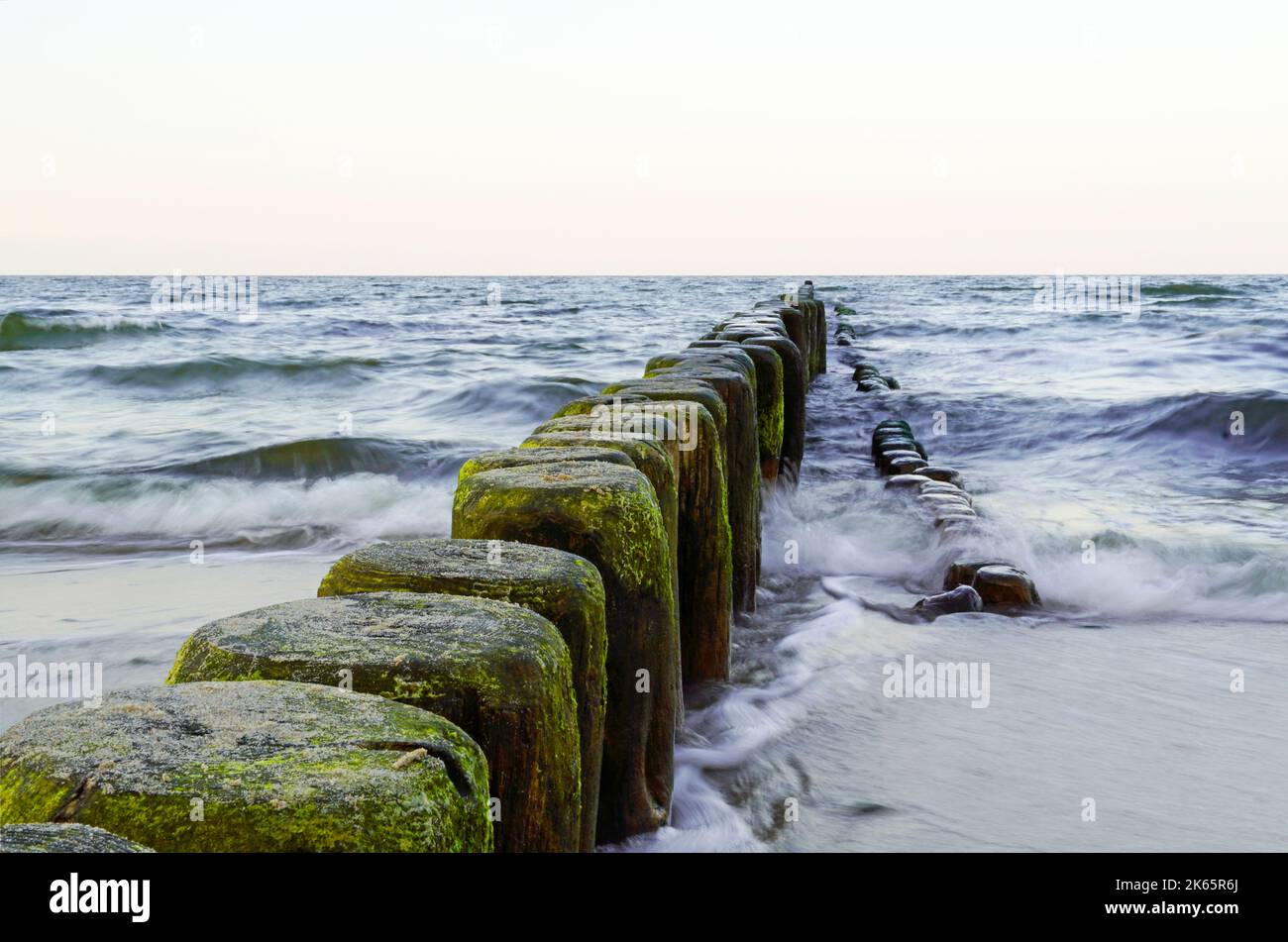 Costa baltica su Usedom con groynes di legno. Mar Baltico in serata. Foto Stock