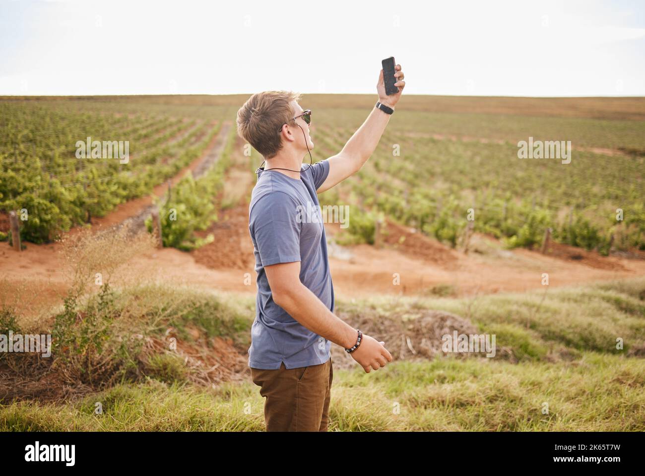 Natura, telefono e un uomo con segnale perso in campo durante il viaggio in strada fattoria. Viaggi, vista e vigneto, giovane viaggiatore con smartphone in agricoltura. GPS Foto Stock