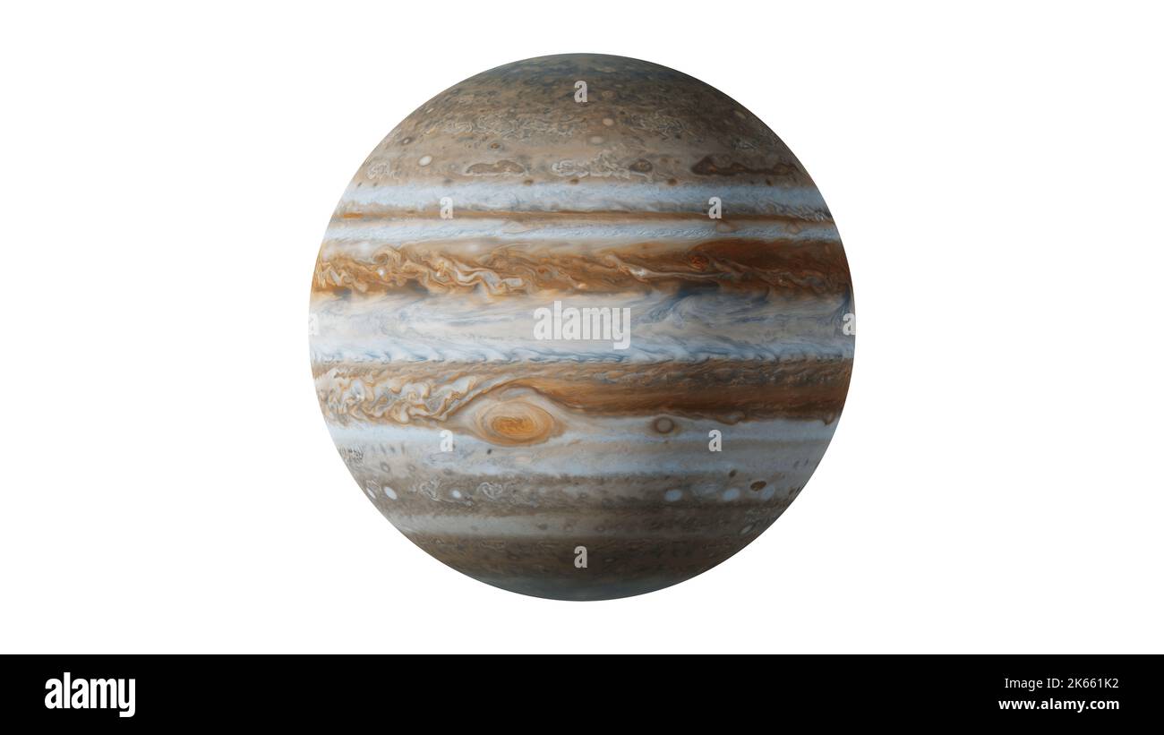Giove è il più grande pianeta nell'illustrazione di rendering system.3D solare. Sfondo bianco. Foto Stock