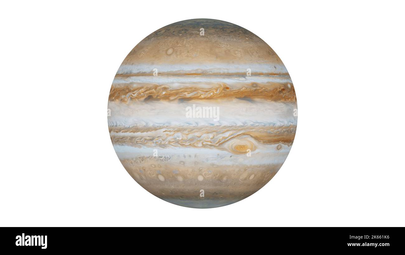 Giove è il più grande pianeta nell'illustrazione di rendering system.3D solare. Sfondo bianco. Foto Stock