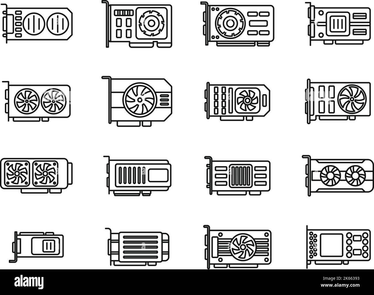 Le icone della scheda grafica GPU impostano il vettore di contorno. Hardware. Condensatore scheda Illustrazione Vettoriale