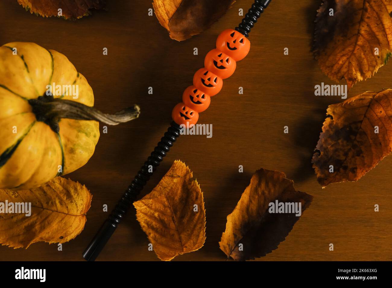 Lanterna decorativa con zucca ornamentale gialla sfocata e foglie secche autunnali sfocate per la decorazione di Halloween. Foto Stock