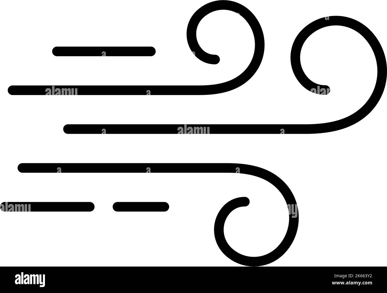 Icona della linea di ventilazione. Segnale flat del flusso d'aria. Simbolo del tempo ventoso. Elemento di disegno di fotoricettore di clima. Icona della linea arricciata. Illustrazione vettoriale isolata su bianco Illustrazione Vettoriale