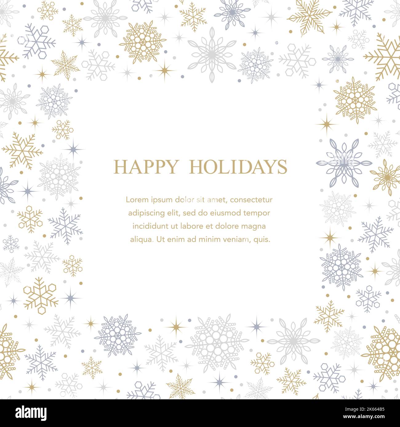 Happy Holidays Vector Square Frame Illustration con Abstract Snowflakes Pattern e Text Space. Illustrazione Vettoriale