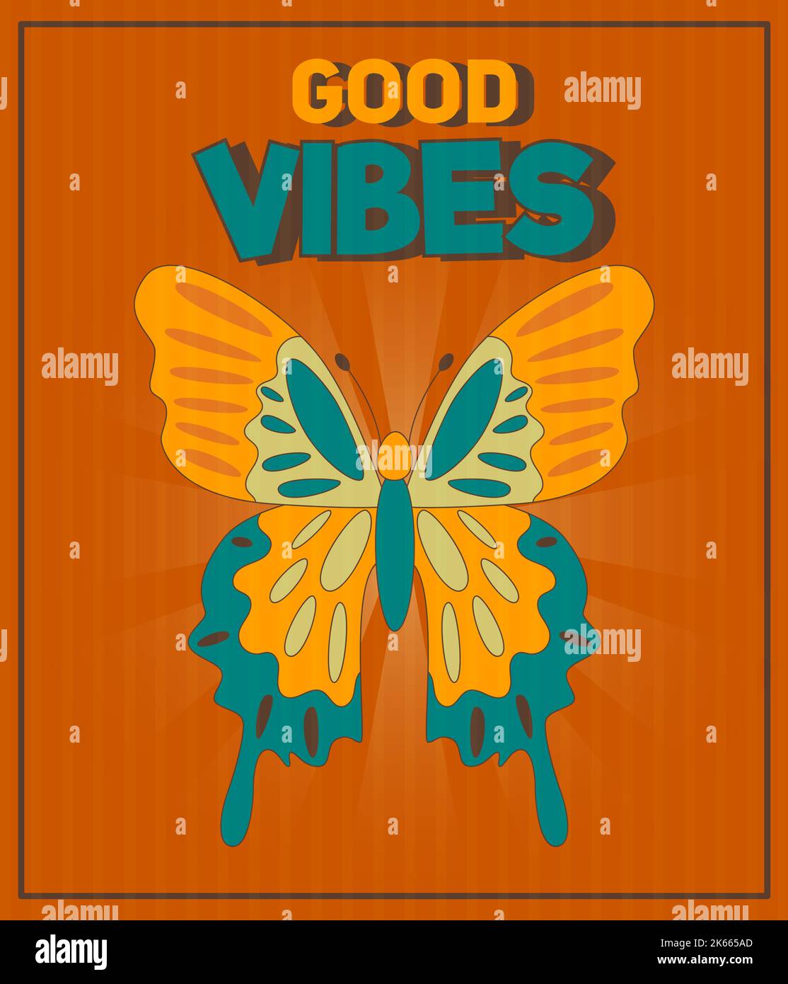 Poster retro groovy 60s 70s con farfalla groovy per carte, adesivi o poster design. Slogan tipografico. Illustrazione Vettoriale