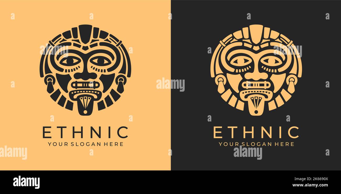 Logo etnico maschera. Aztec e logo Mayan maschera per il business. Design vettoriale culturale in stile minimalista. Illustrazione Vettoriale