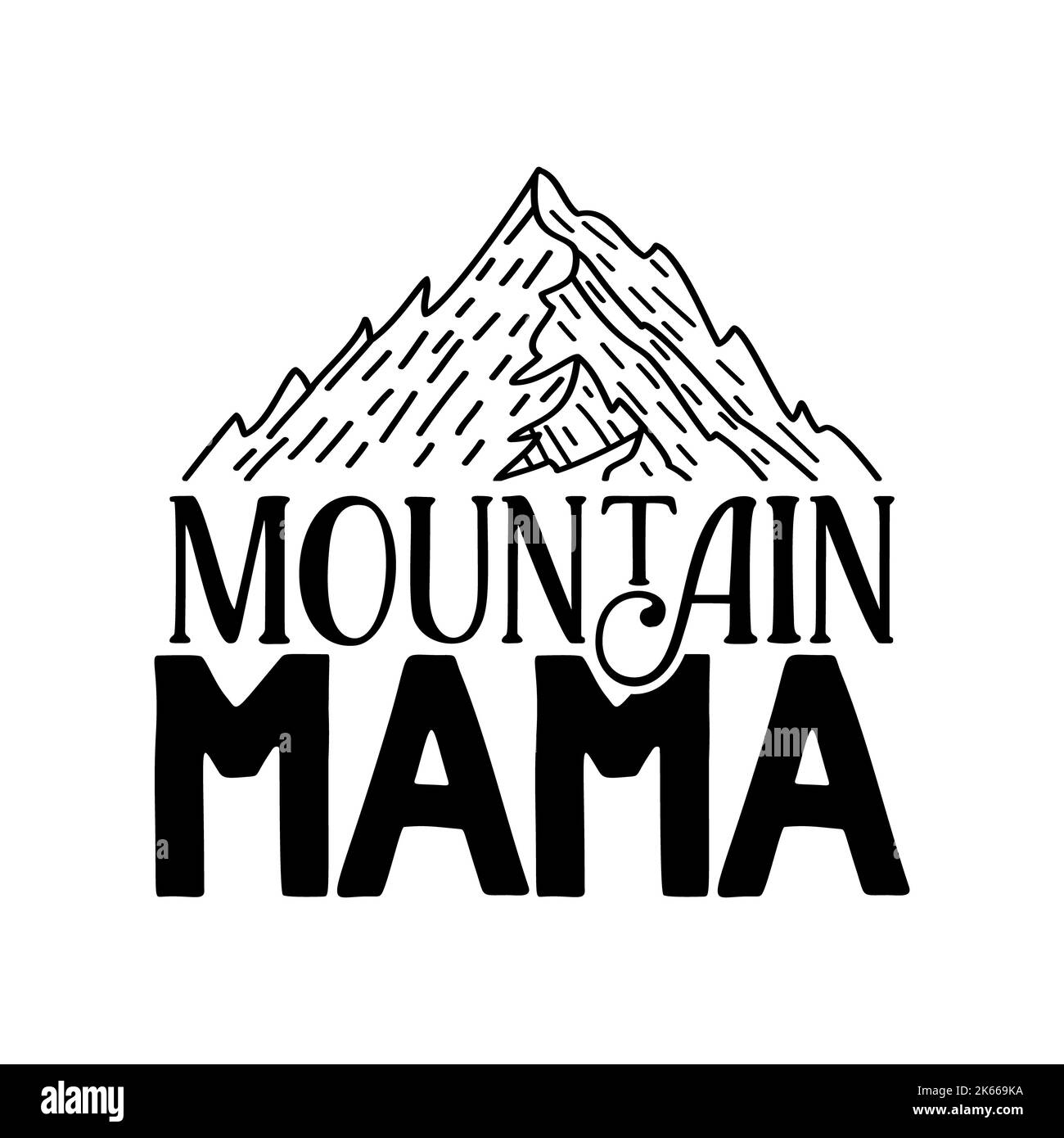 Illustrazione di citazione Mountain Mama con montagne su sfondo bianco isolato Foto Stock