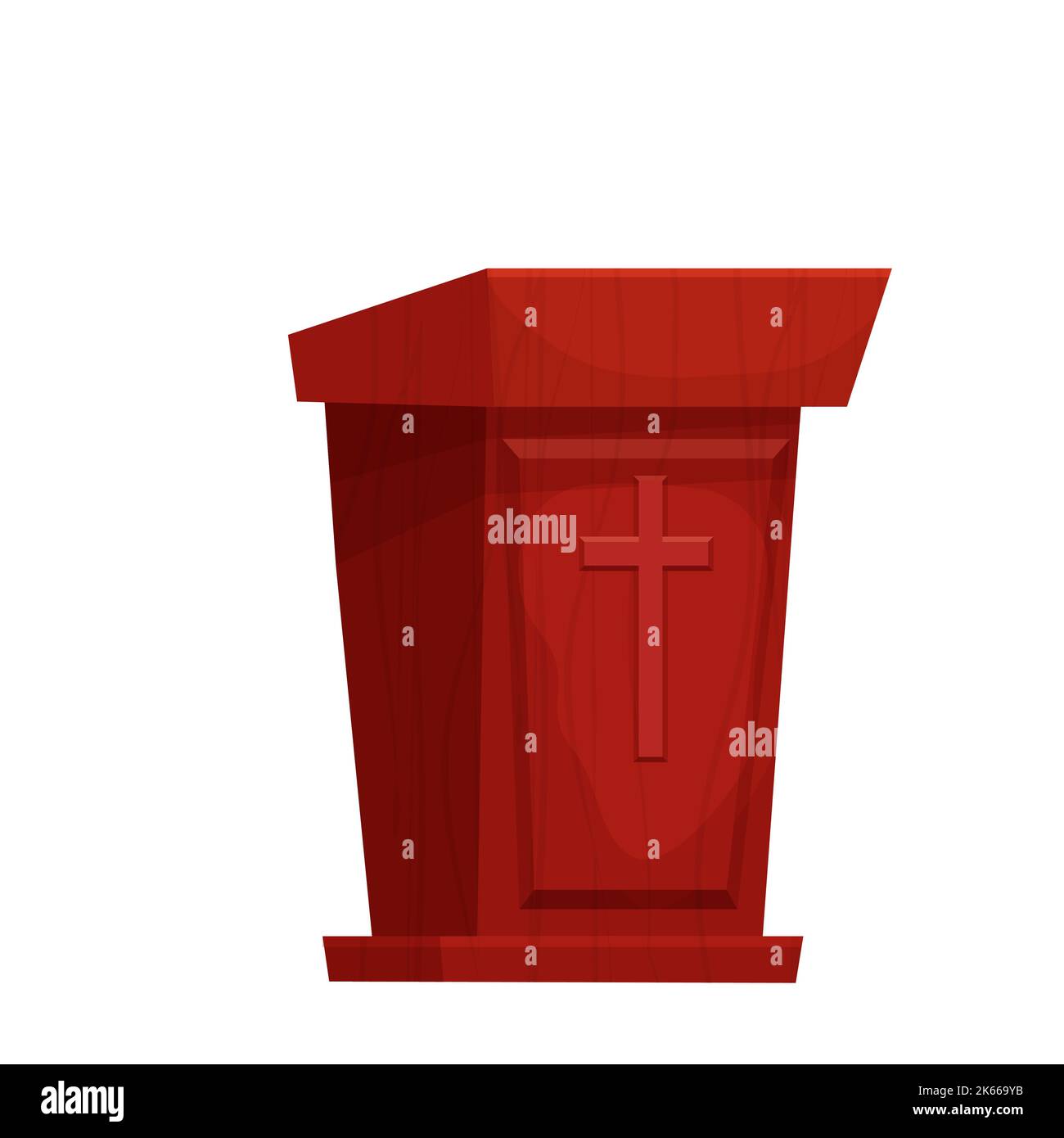 Tribuna in legno con croce, podio oratore con microfono testurizzato in stile cartoon isolato su sfondo bianco. Illustrazione vettoriale Illustrazione Vettoriale