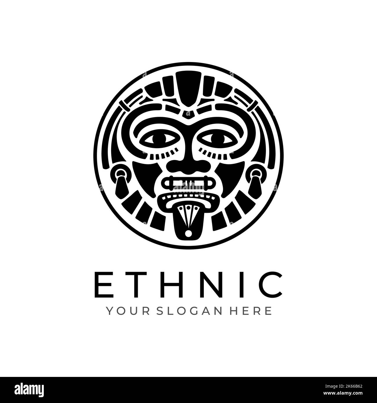 Logo etnico maschera. Aztec e logo Mayan maschera per il business. Design vettoriale culturale in stile minimalista. Illustrazione Vettoriale