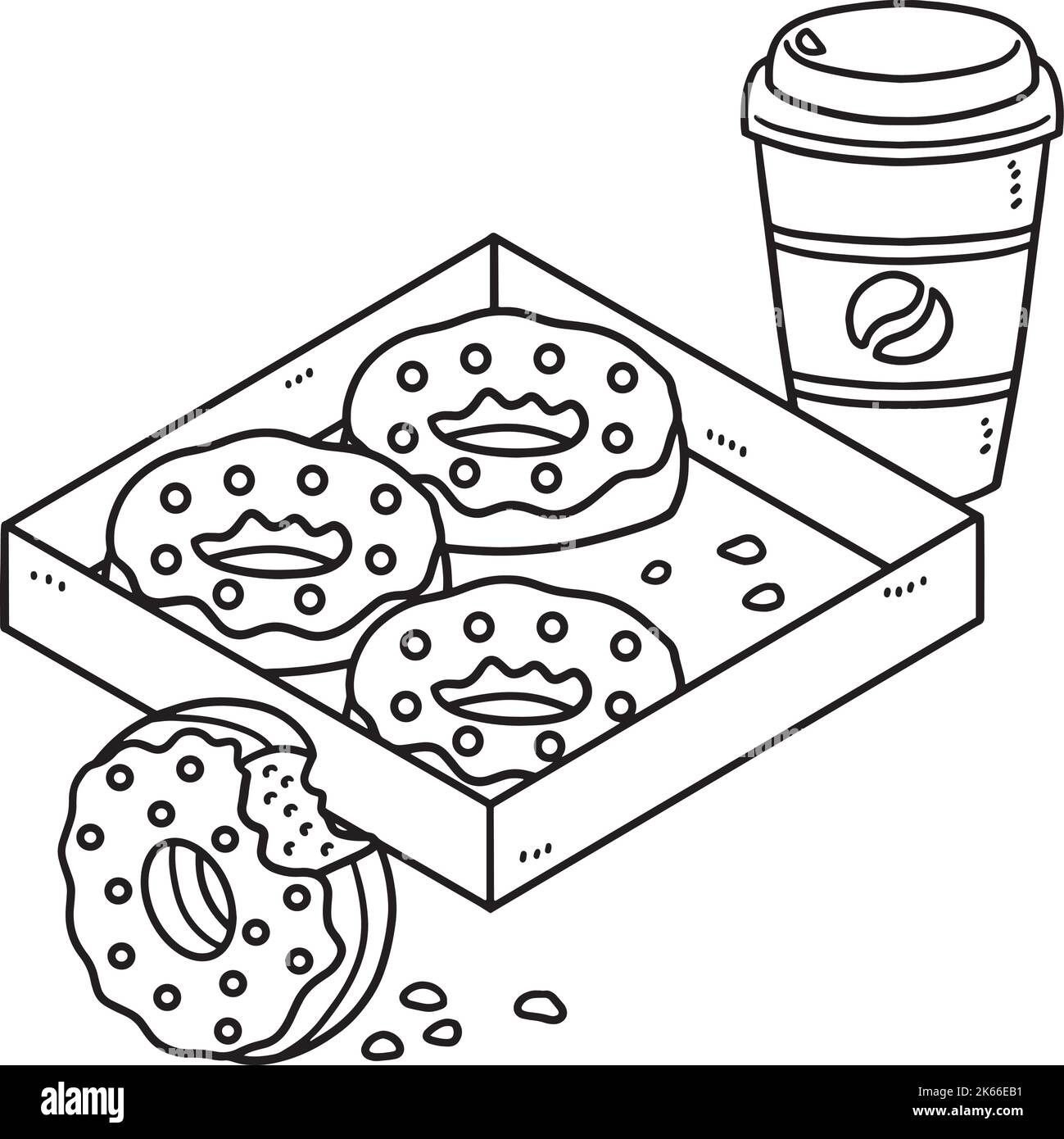 Scatola di ciambelle e caffè isolato colorazione pagina Illustrazione Vettoriale