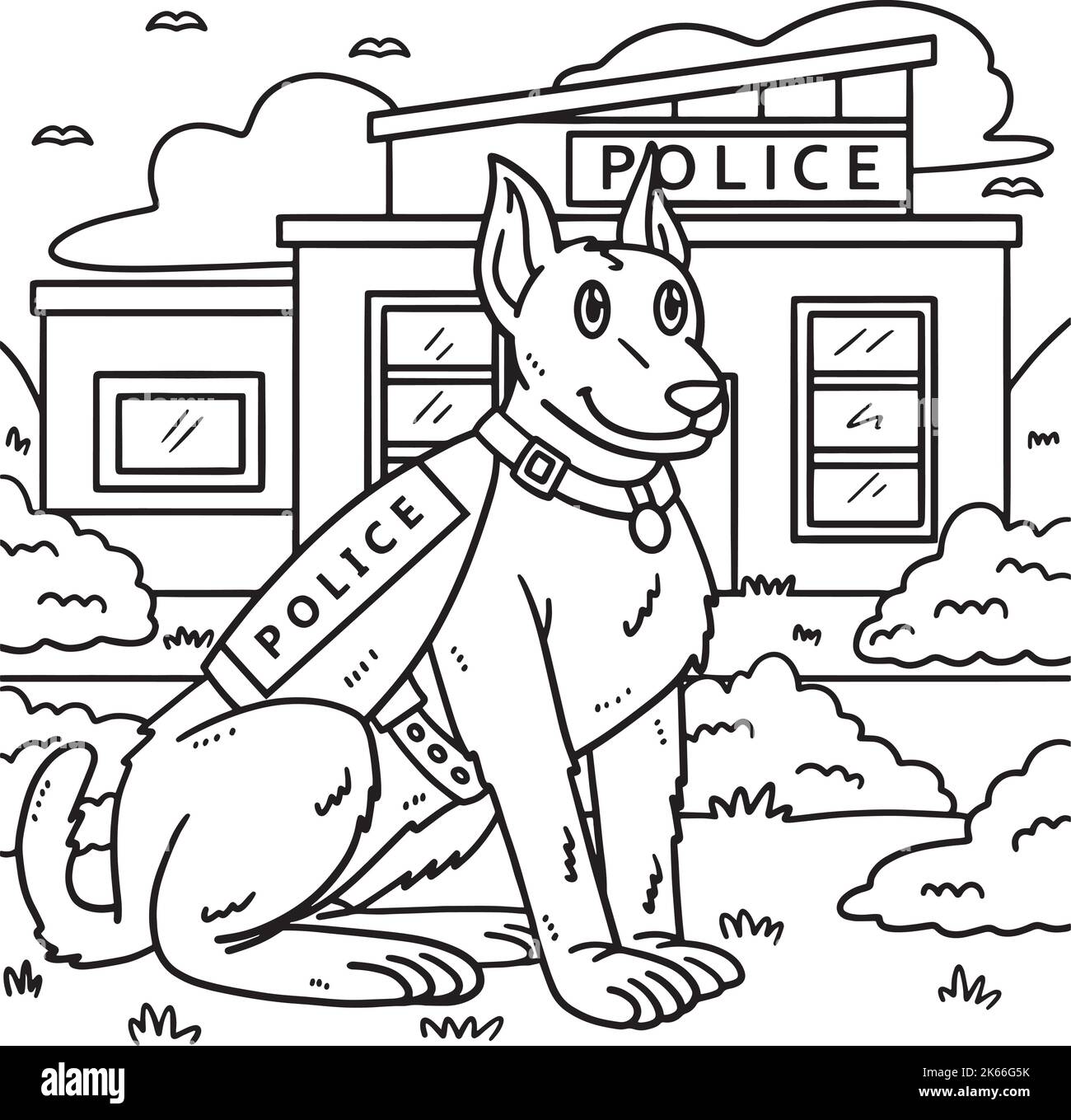 Pagina da colorare di cane della polizia per i capretti Illustrazione Vettoriale