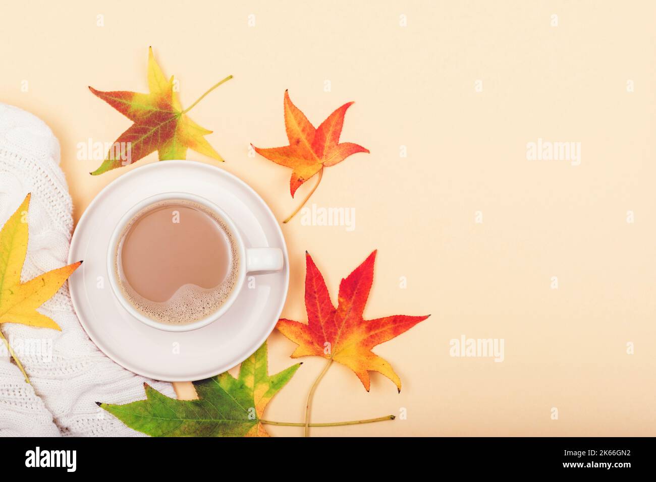 Autunno piatto giacitura. Tazza di cacao o caffè, maglione di moda femminile, foglie autunnali su sfondo giallo. Vista dall'alto, spazio di copia Foto Stock
