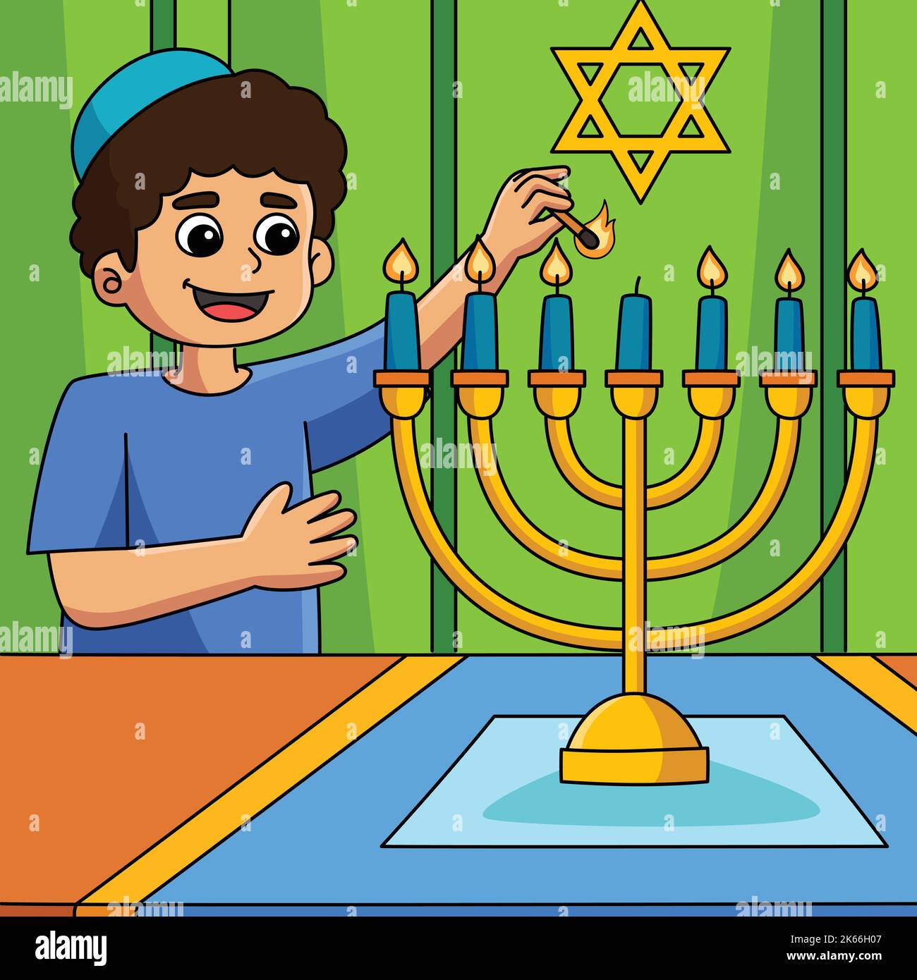 Hanukkah Boy illuminazione Menorah Cartoon colorato Illustrazione Vettoriale