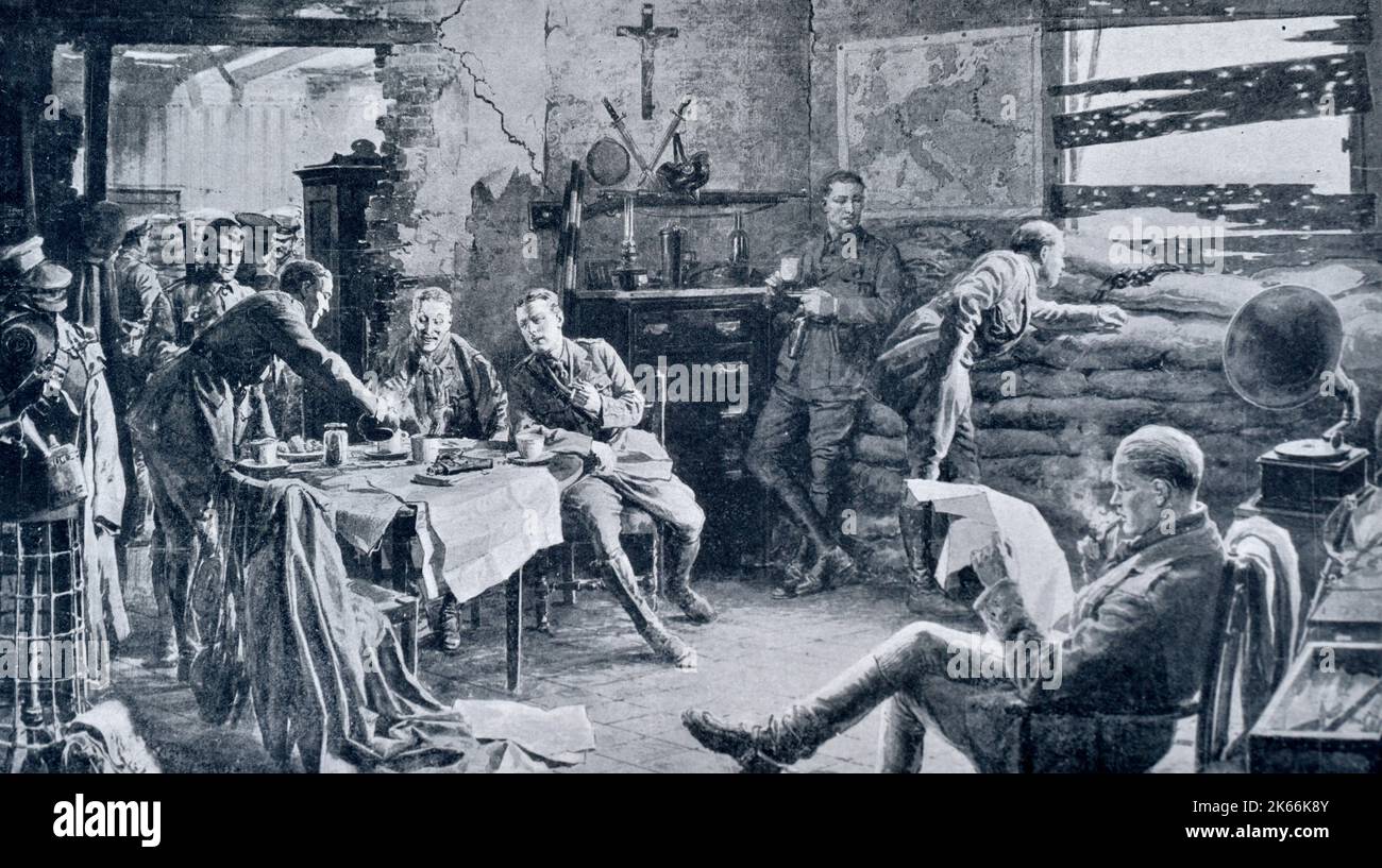 immagine da giornale degli ufficiali dell'esercito britannico che prendono il tè pomeridiano a ypres nella prima guerra mondiale Foto Stock