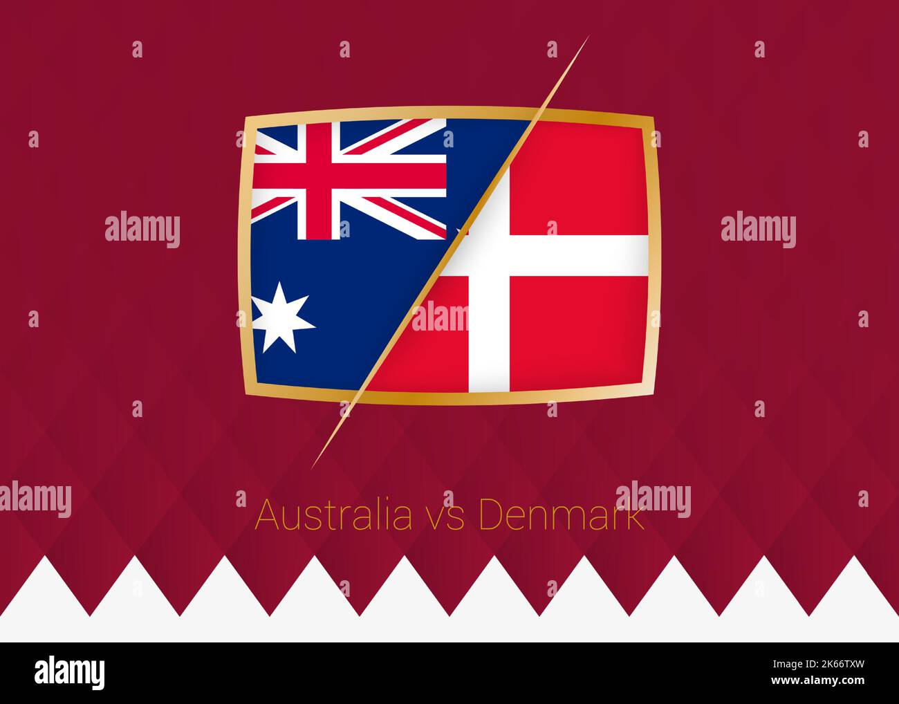 Australia vs Danimarca, scena di gruppo icona della competizione di calcio su sfondo borgogna. Icona vettore. Illustrazione Vettoriale