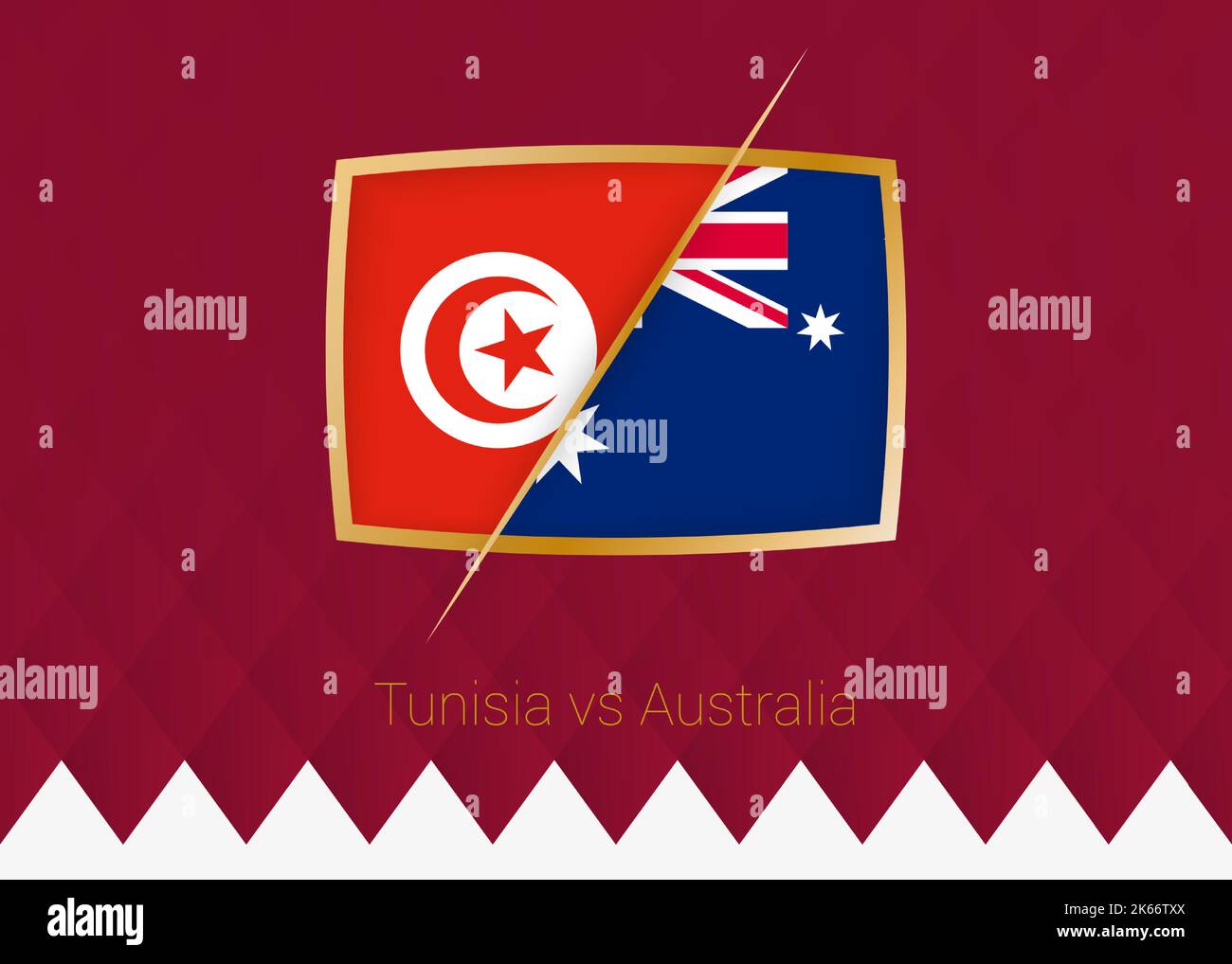 Tunisia vs Australia, scena di gruppo icona della competizione di calcio su sfondo borgogna. Icona vettore. Illustrazione Vettoriale