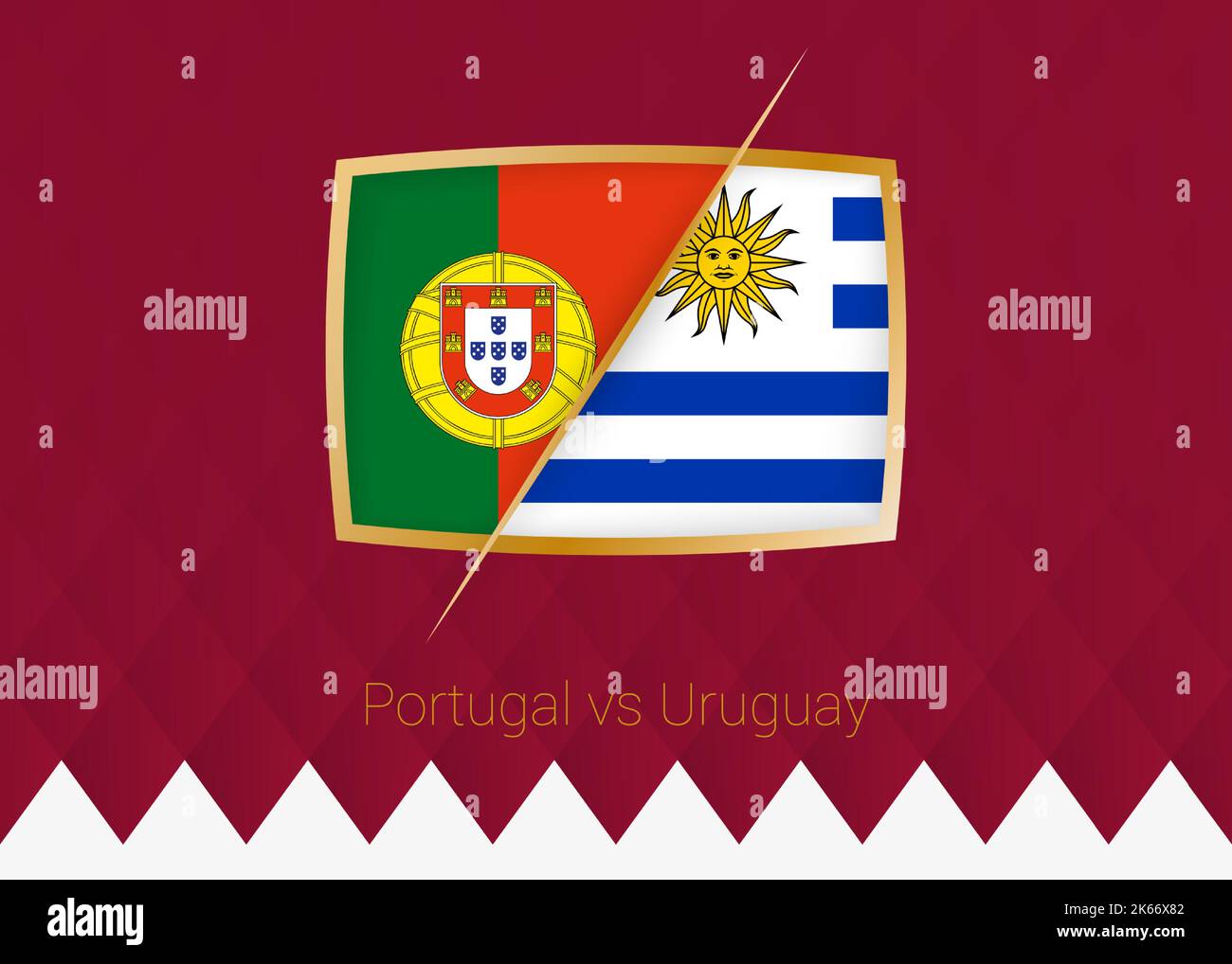 Portogallo vs Uruguay, scena di gruppo icona della competizione di calcio su sfondo borgogna. Icona vettore. Illustrazione Vettoriale