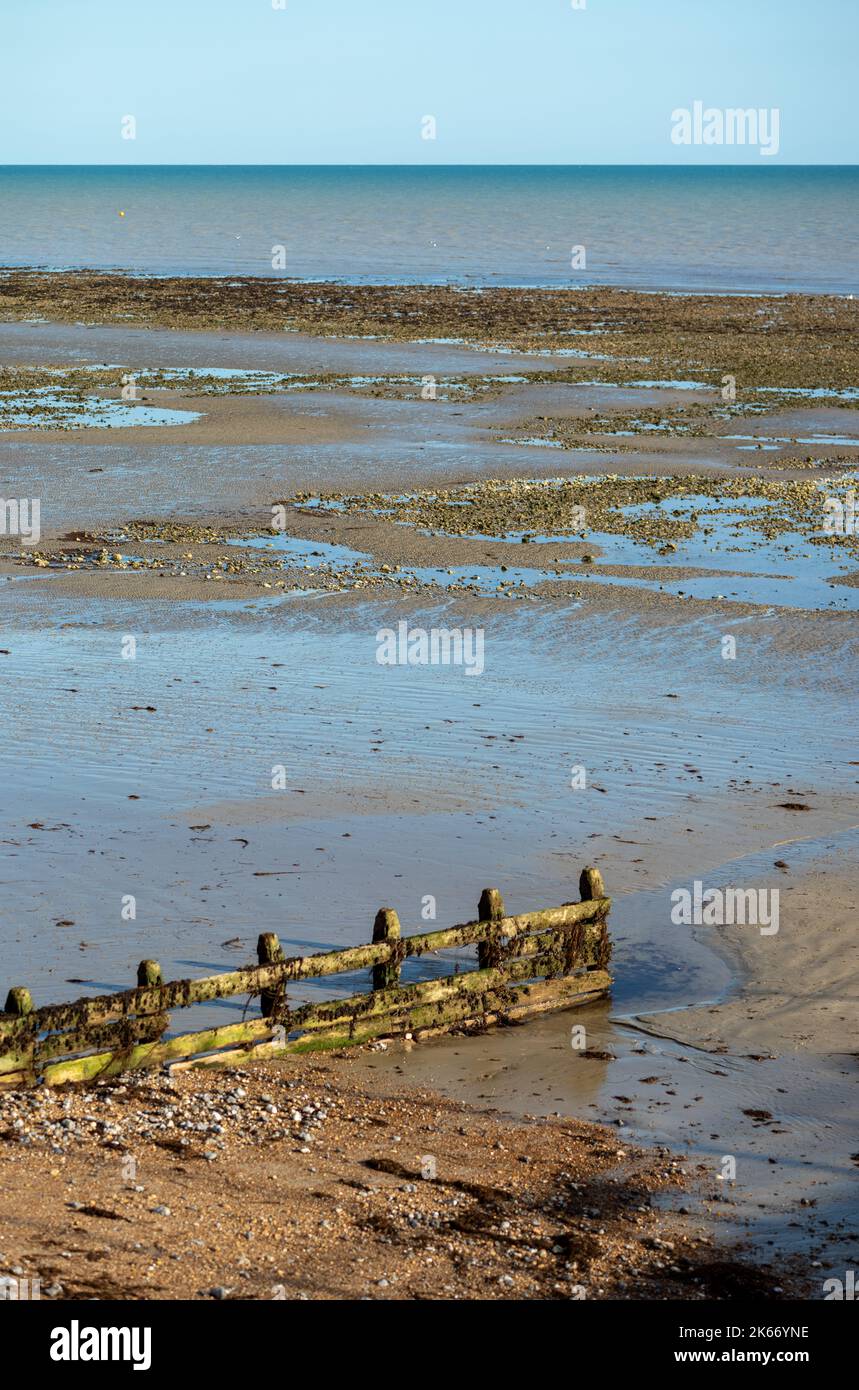Una vista su un groyne e Worthing Beach con la bassa marea presa da Worthing Pier, West Sussex, Regno Unito Foto Stock