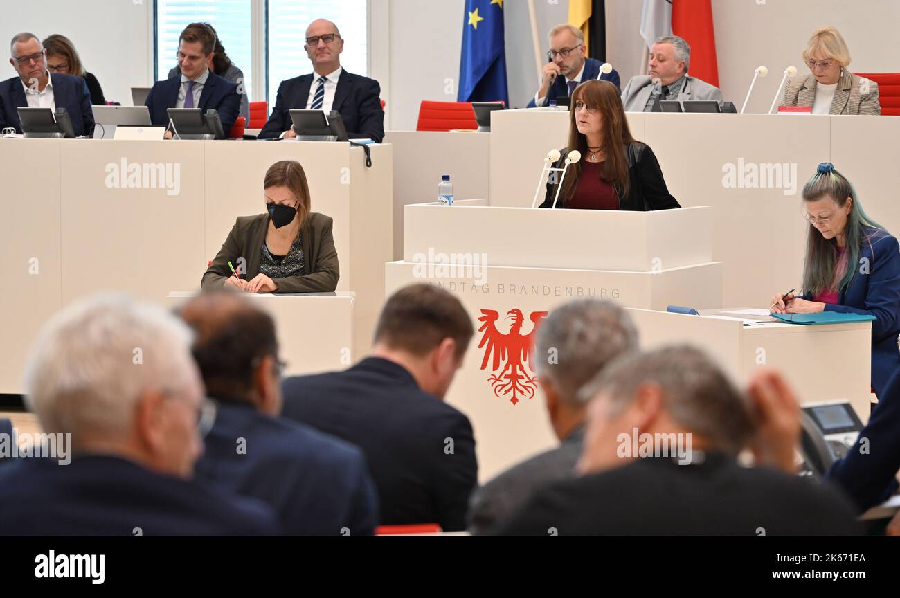 Potsdam, Germania. 12th Ott 2022. Katrin Lange (SPD, M), ministro delle Finanze dello Stato di Brandeburgo, parla alla sessione del parlamento di Stato del doppio bilancio 2023/2024. Tra le altre cose, i deputati discutono della legge di bilancio 20223/2024 del governo statale, del mercato del lavoro nel Brandeburgo e della raffineria PCK a Schwedt. Credit: Bernd Settnik/dpa/Alamy Live News Foto Stock