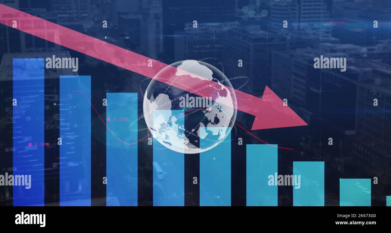 Immagine della freccia rossa con elaborazione statistica sulla mappa mondiale Foto Stock