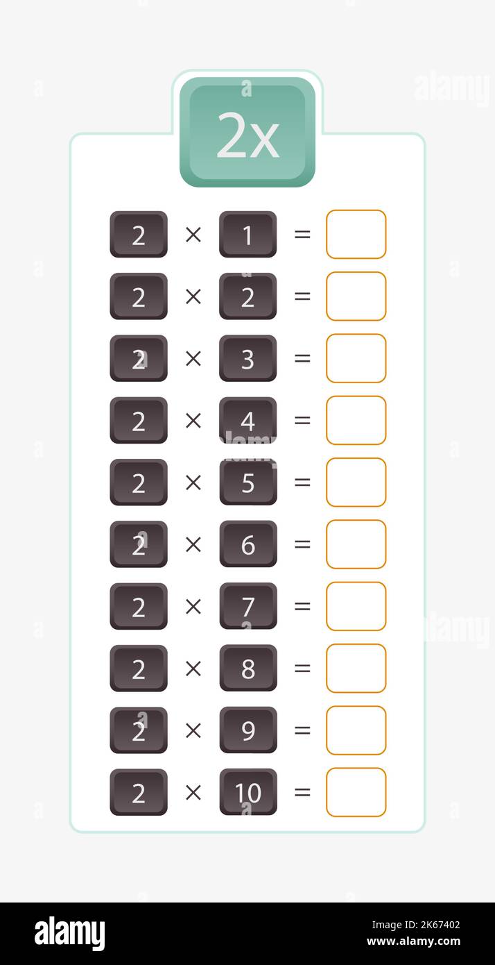 2x moltiplicazione per la pratica, tabella di moltiplicazione senza risposte. Illustrazione vettoriale. Illustrazione Vettoriale