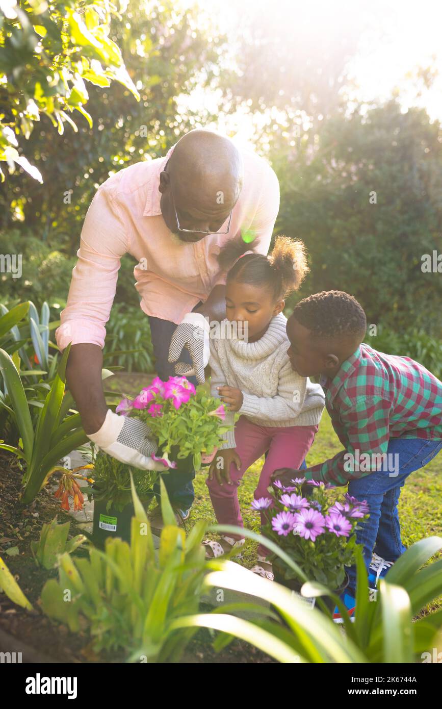 Felice afroamericano padre e figlia trascorrere il tempo insieme fuori e piantare Foto Stock