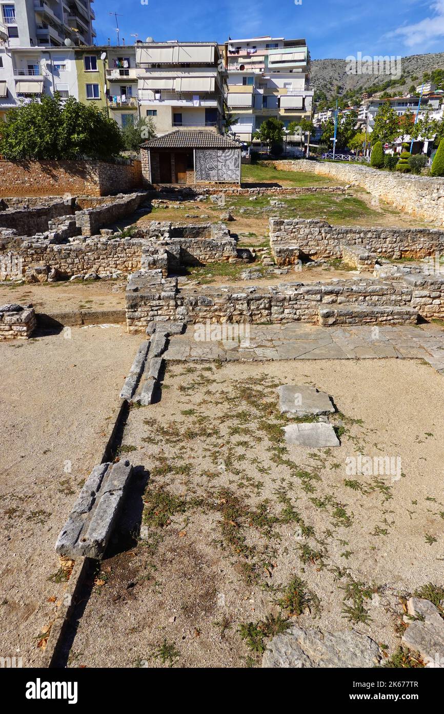 Rovine di un'ex sinagoga - Basilica, resti archeologici, Saranda, Repubblica di Albania Foto Stock