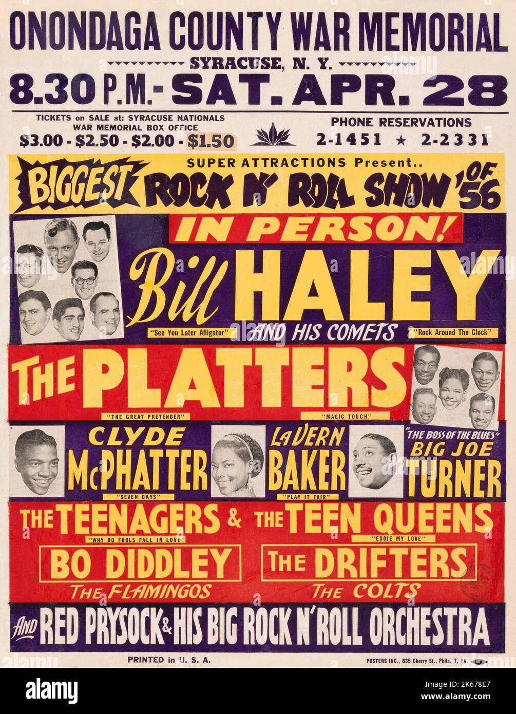 Bill Haley & His Comete, The Platters, Bo Diddley, The Drifters 1956, Poster da concerto Jumbo "più grande spettacolo rock 'n' roll" - Onondaga County War Memorial, Syracuse, New York Foto Stock