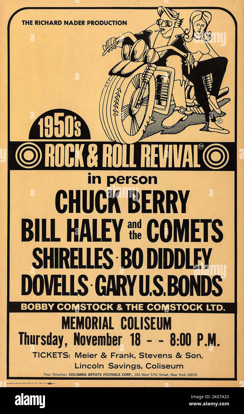 1950s Rock & Roll Revival con Chuck Berry, Bill Haley, Shirelles, Bo Diddley, Dovells, Gary U.S. Bonds al Memorial Coliseum (Richard Nader, inizio 1970s). Scheda Concert Window. Illustrazione della motocicletta. Memorial Coliseum. Foto Stock