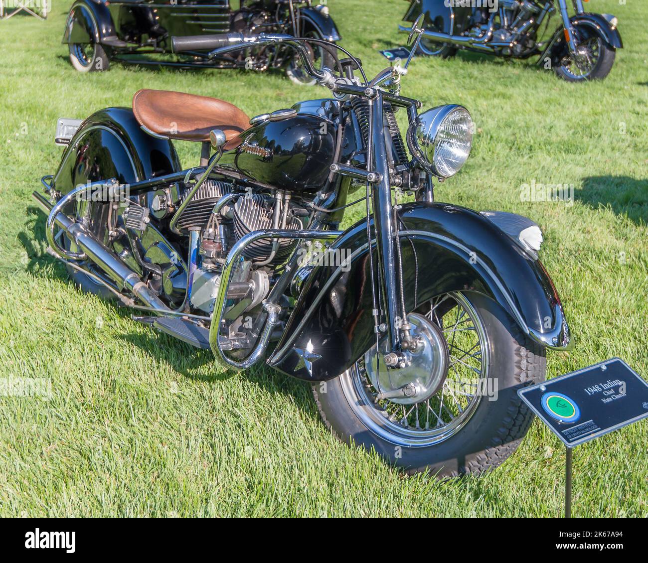 GROSSE POINTE SHORES, MI/USA - 15 GIUGNO 2014: Una motocicletta indiana 1948, fiera di automobili EyesOn Design, Edsel & Eleanor Ford House, vicino a Detroit. Foto Stock