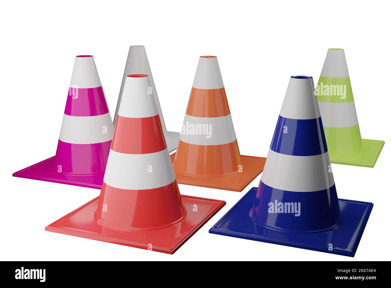 Coni stradali con rosso, blu marino, rosa, verde, arancione, E Bianco Foto Stock