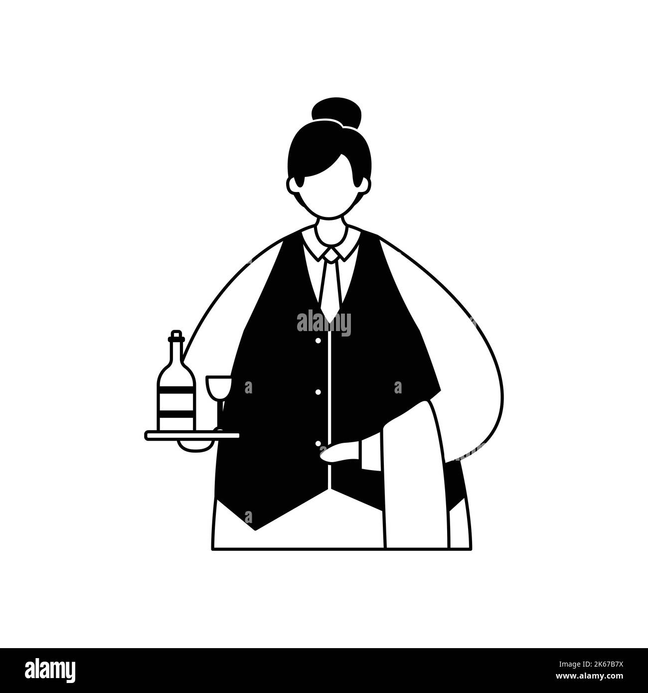 Illustrazione vettoriale di un cameriere in uniforme con un vassoio in mano e un asciugamano. Professione. Illustrazione Vettoriale