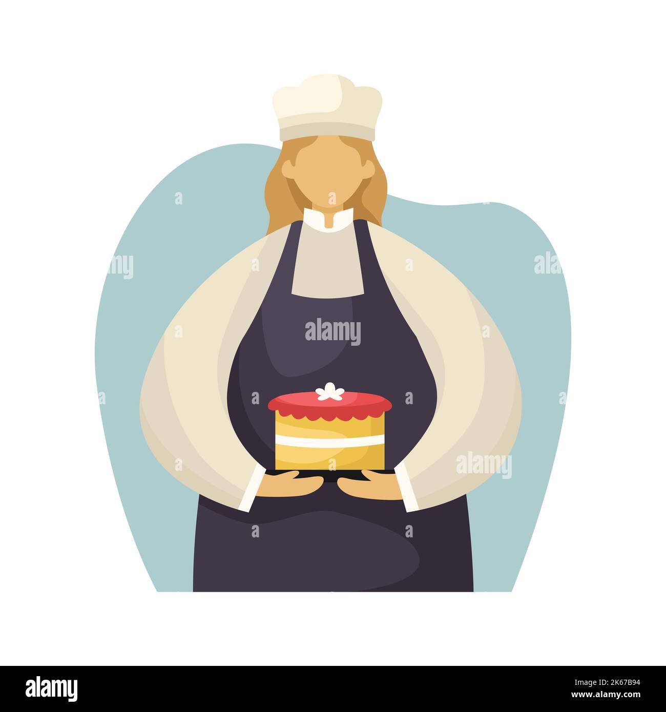 Illustrazione vettoriale di un pasticciere in uniforme con una torta in mano. Professione. Stile piatto Illustrazione Vettoriale