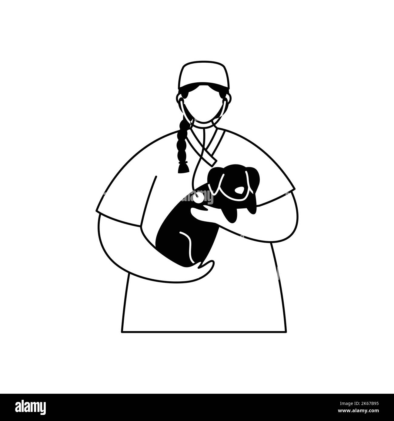 Illustrazione vettoriale di un veterinario in una divisa medica con un cane in braccio. Professione. Line art Illustrazione Vettoriale
