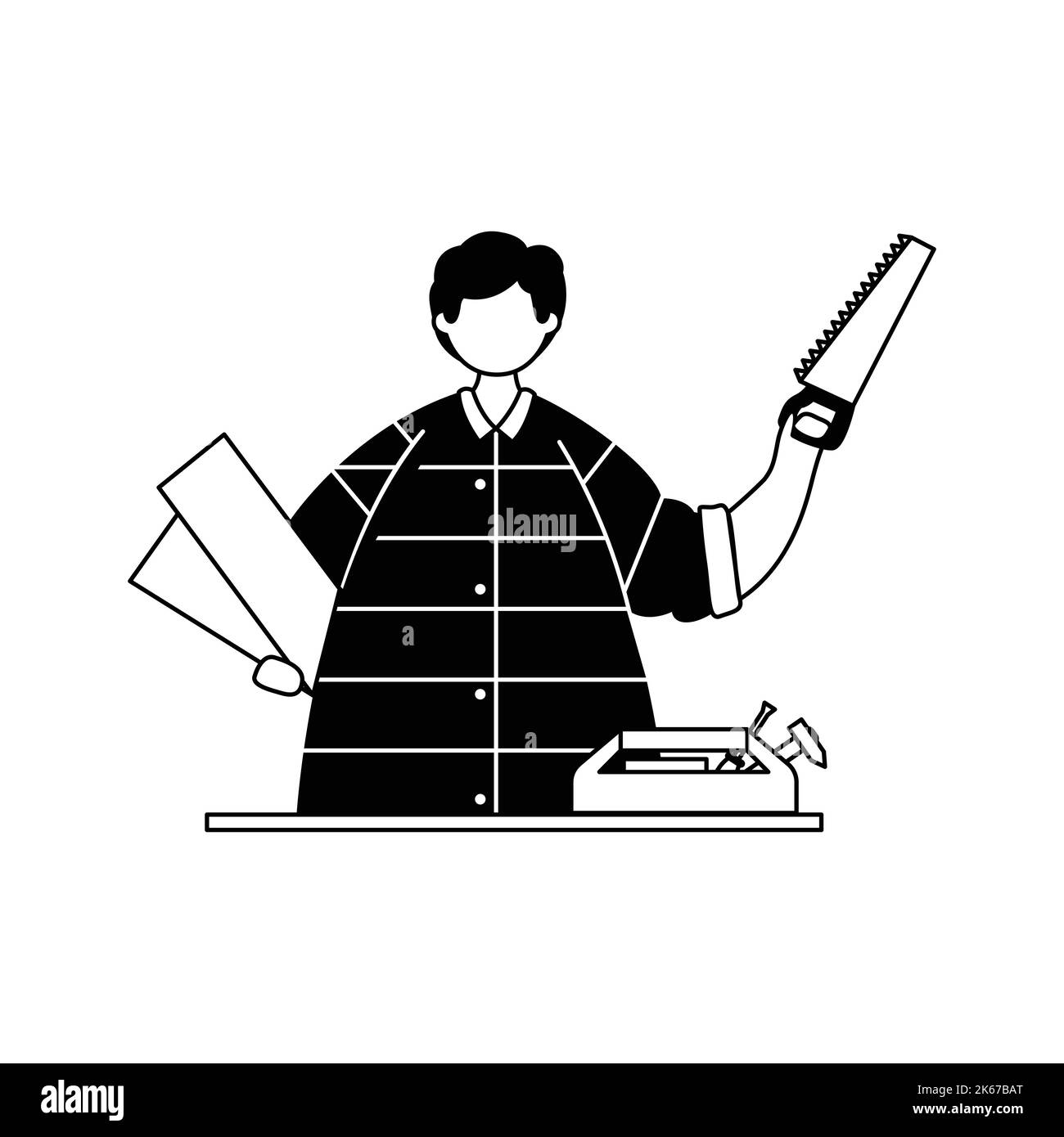 Illustrazione vettoriale di un falegname con tavole di legno e una sega nelle sue mani. Professione. Contorno Illustrazione Vettoriale