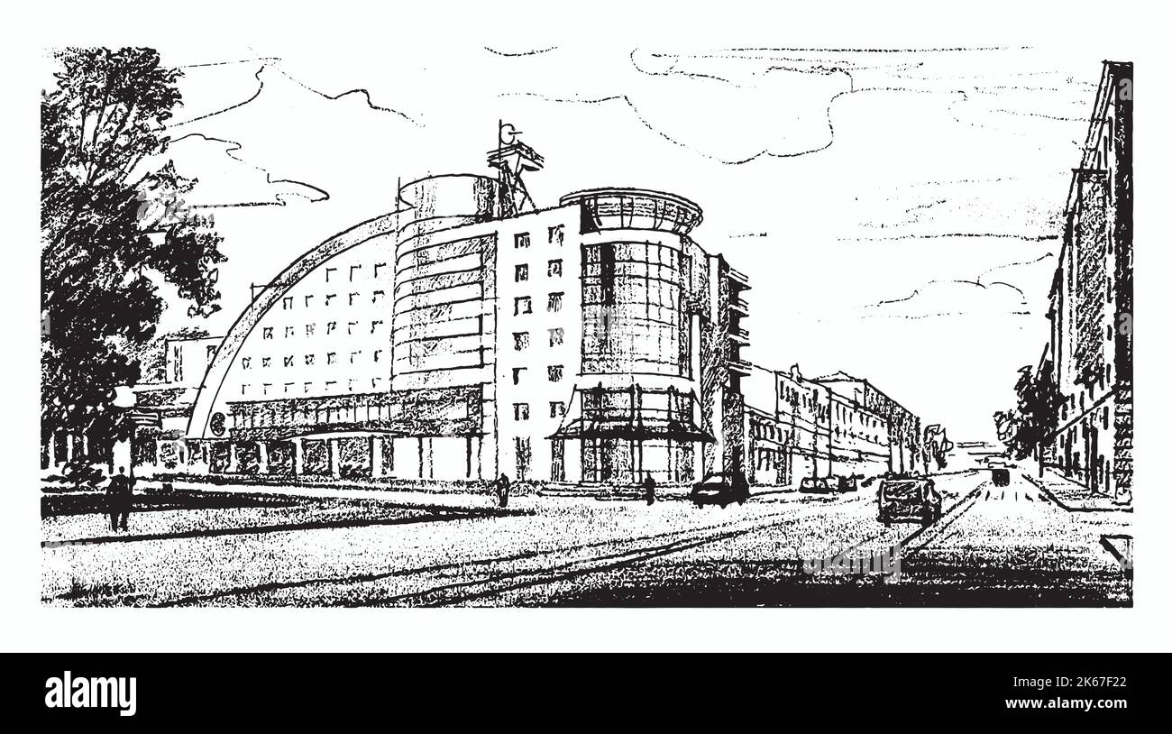 Schizzo architettonico di un edificio a più piani. Disegno a matita a mano libera. Vettore Illustrazione Vettoriale