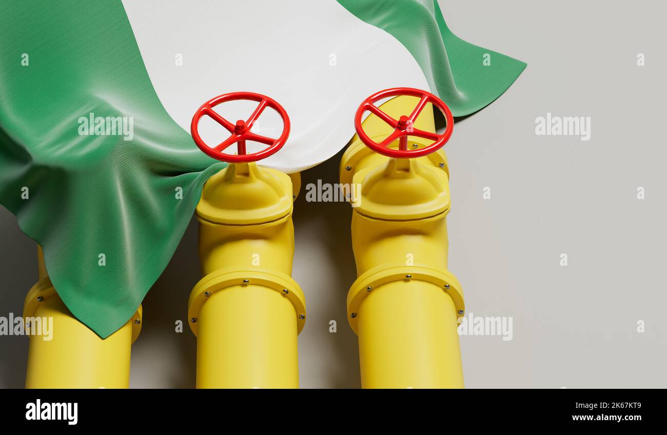 Bandiera della Nigeria che copre una tubazione del gas e del petrolio. Concetto di industria petrolifera. Rendering 3D Foto Stock