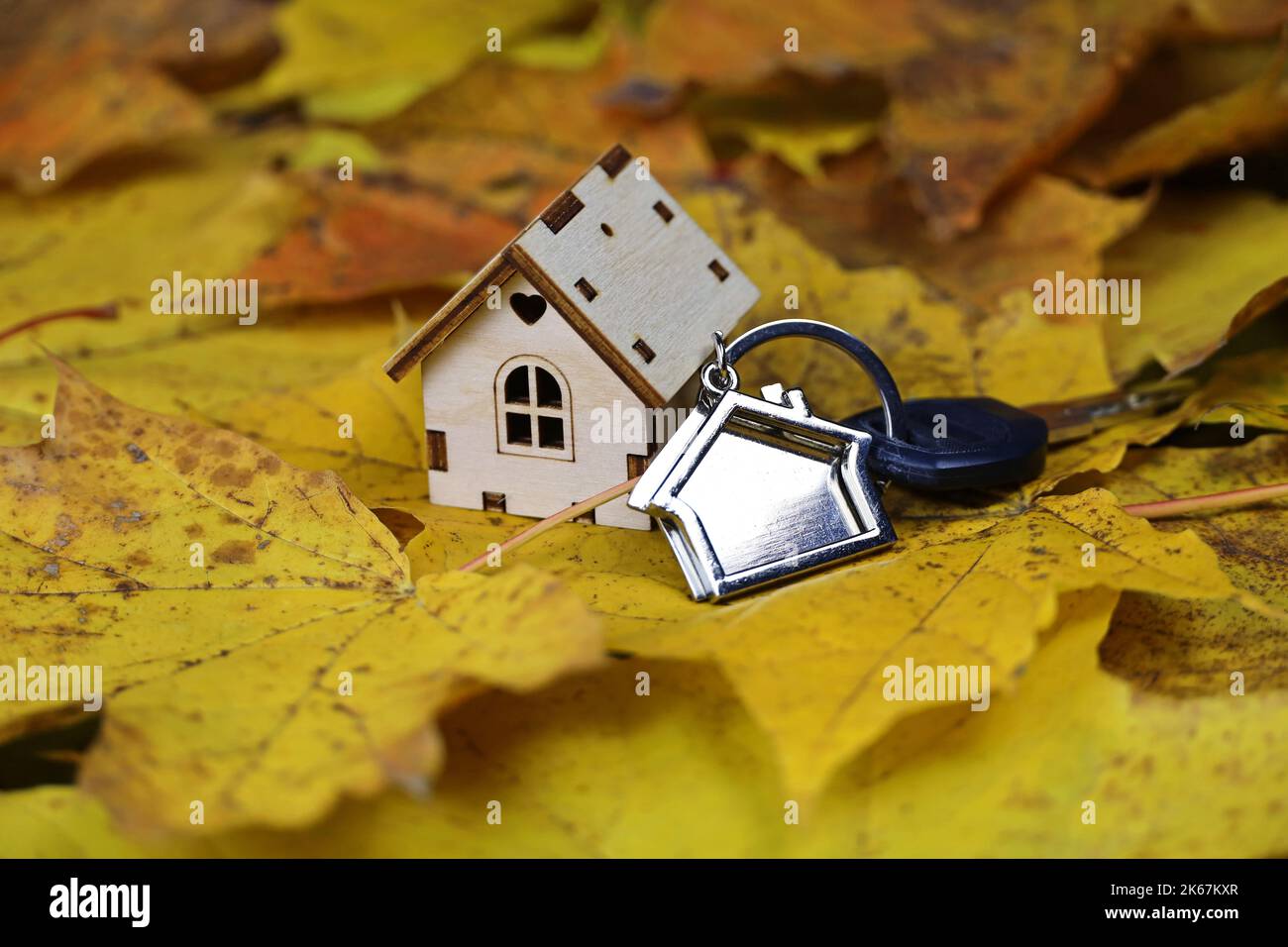 Modello di casa in legno e portachiavi su sfondo acero foglie. Concetto di casa di campagna, ricerca di alloggi in autunno, immobiliare Foto Stock