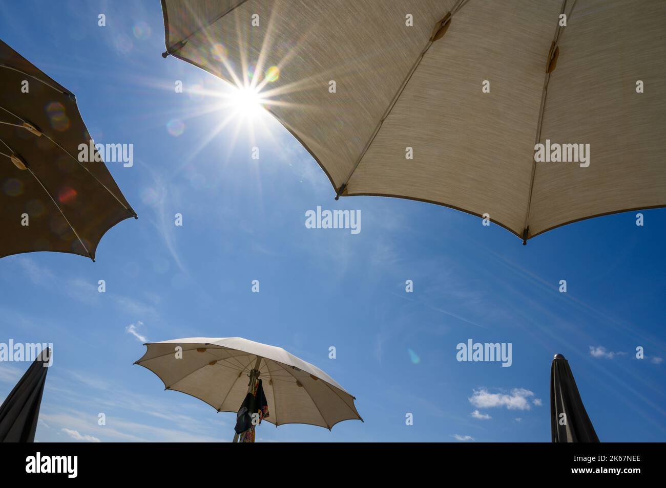 Una serie di ombrelloni sulla spiaggia di Sottovento hanno sparato direttamente al sole con un'angolazione verso l'alto. Foto Stock