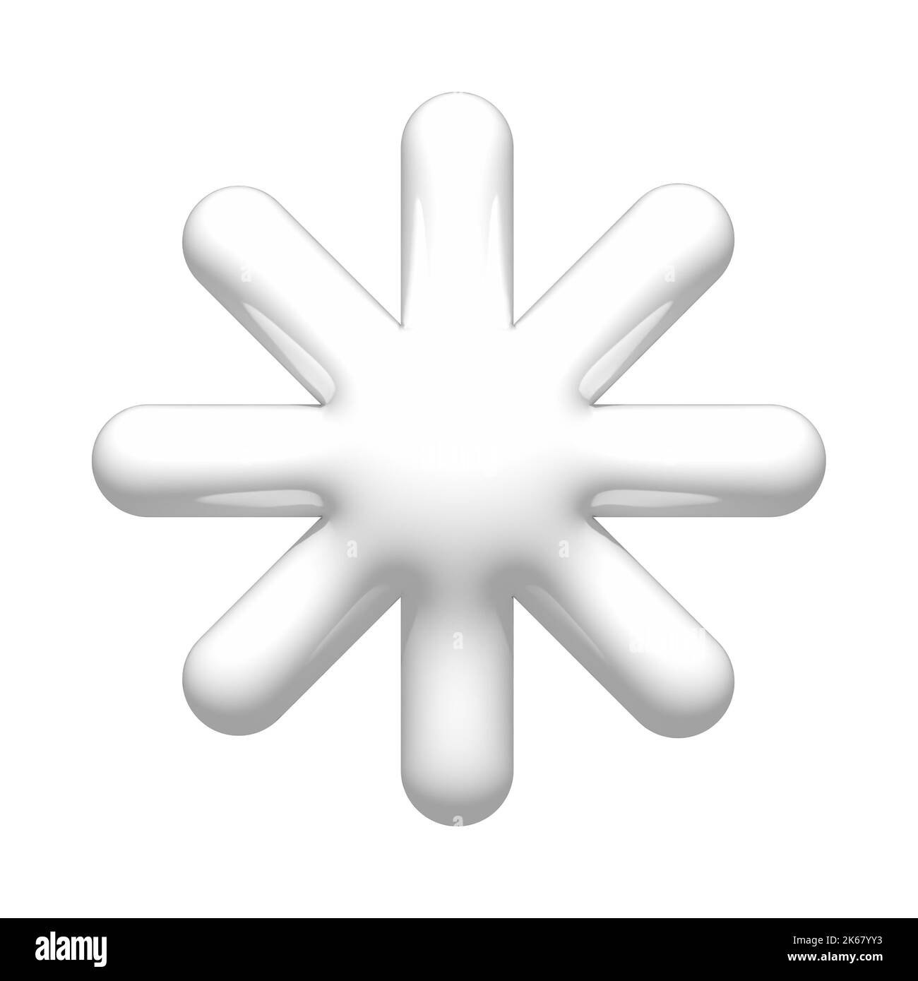 3D icona bianco fiocco di neve. 3d elemento meteo dalla neve isolato su sfondo bianco. Rappresentazione realistica del disegno in plastica lucida 3D per le previsioni Foto Stock