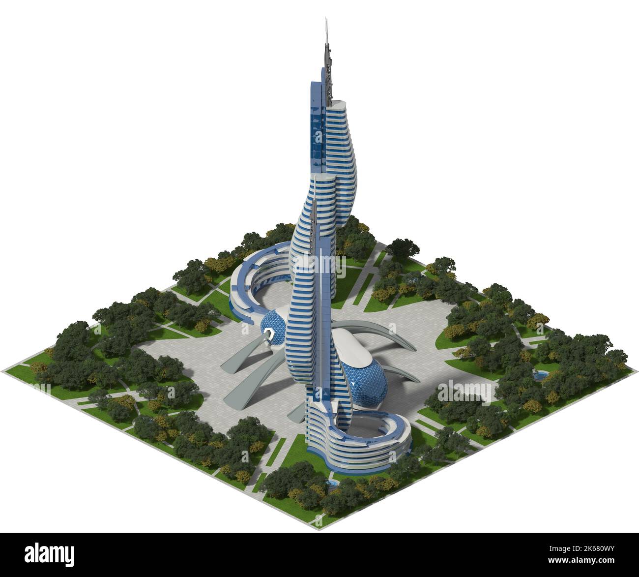 Architettura futuristica della città con strutture organiche, per un gioco a griglia quadrata piastrellato o sfondi grafici di fantascienza. Il tracciato di ritaglio è incluso Foto Stock