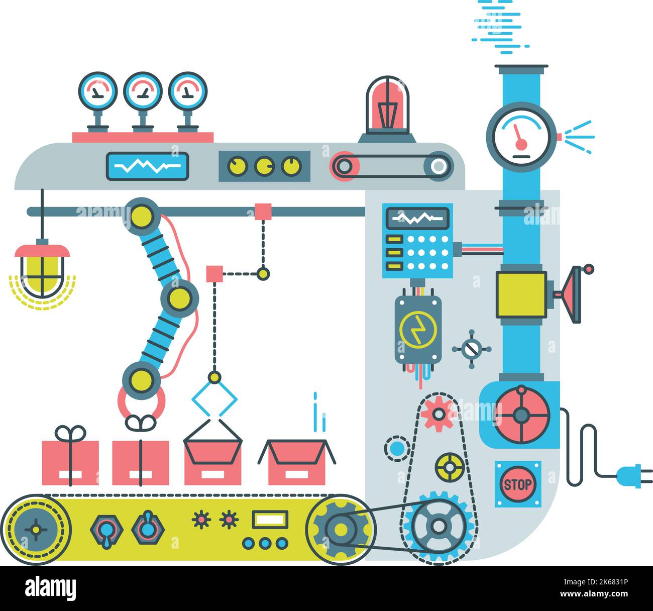 Macchinari industriali. Tecnologia di produzione robotica. Meccanismo di ingegneria Illustrazione Vettoriale