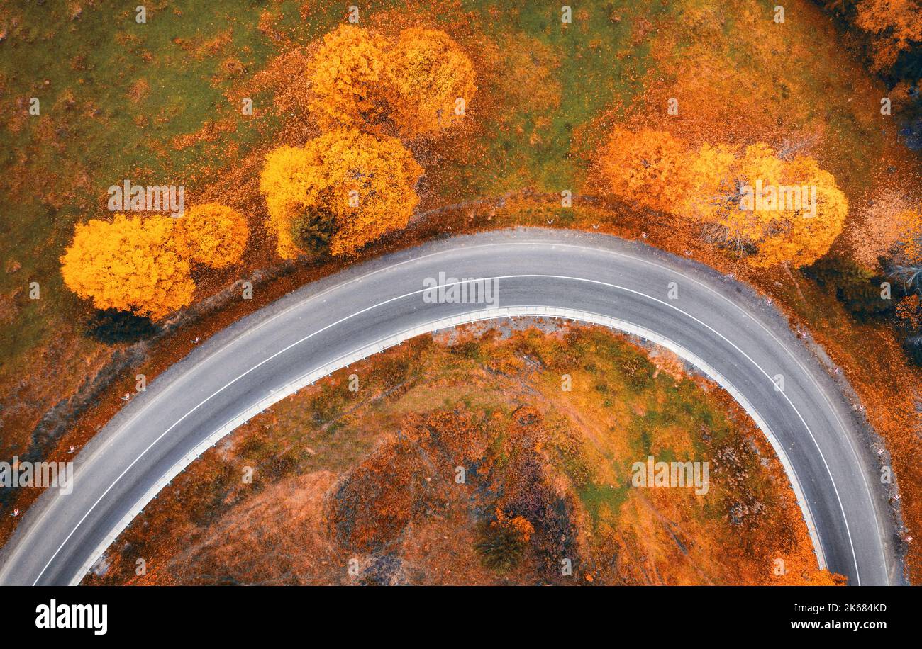 Vista aerea della strada tortuosa in autunno foresta al tramonto Foto Stock